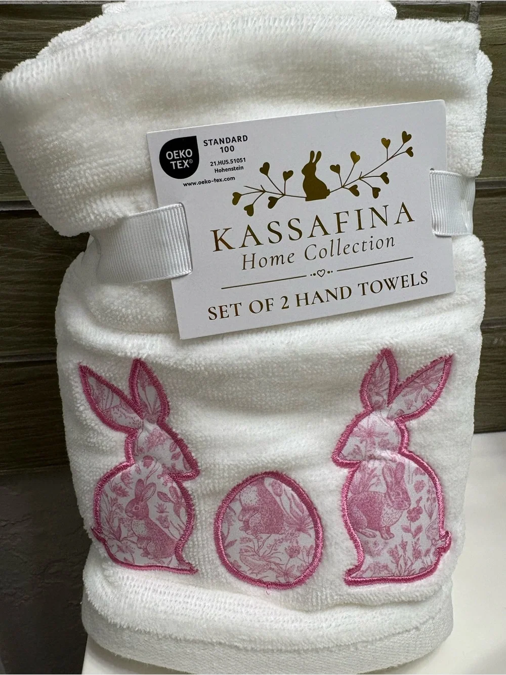Kassafina Home Collection White Hand Towels w/Pink Bunny Embroidery - Set of 2